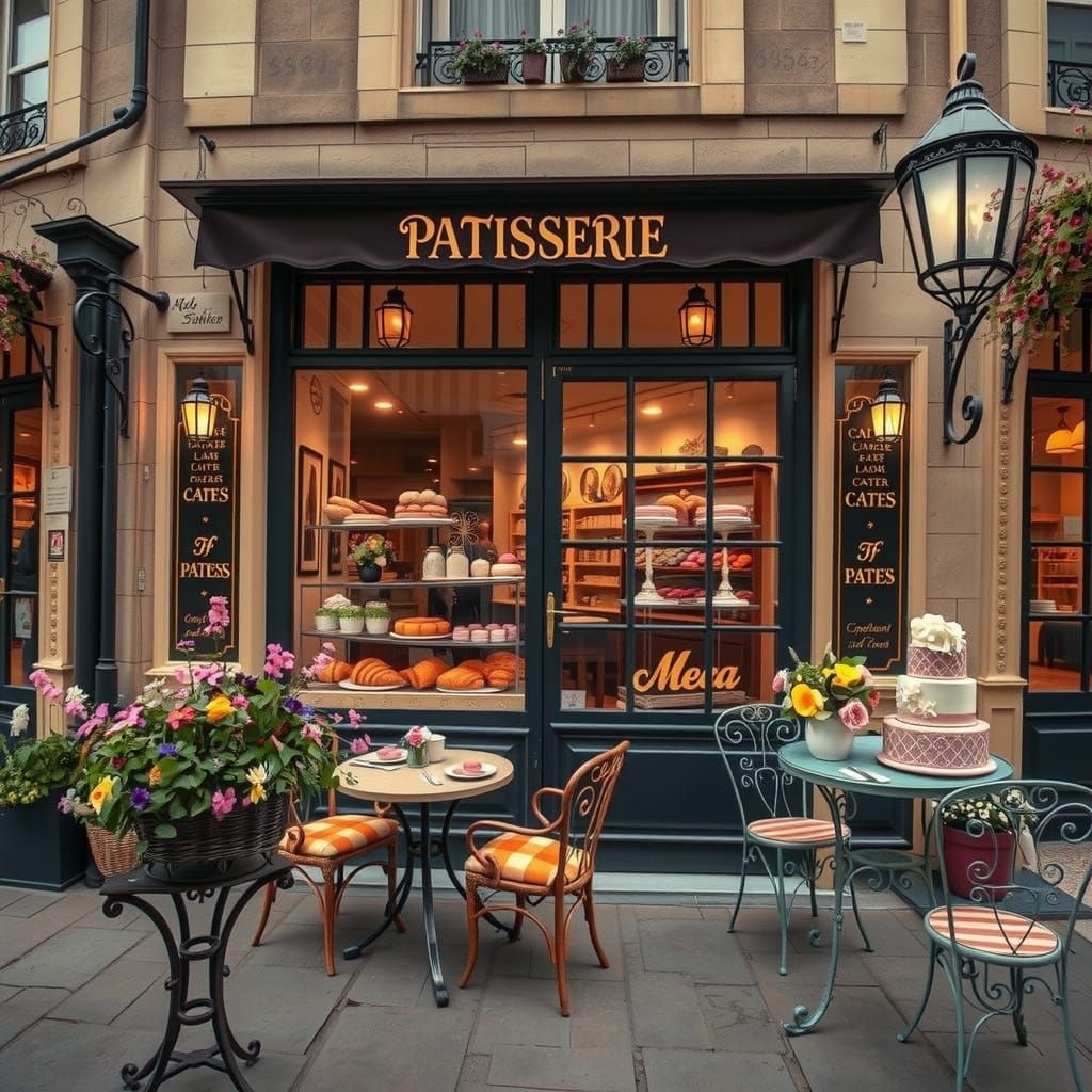 Charming French Patisserie with Golden Façade and Vibrant Pa...