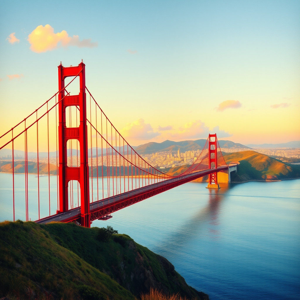 Golden Gate Bridge at Sunset in Romantic Realism Style