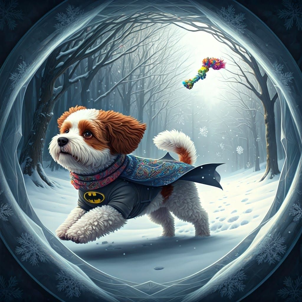 Vibrant Dog Chases Fantasy Cat in Snowy Wonderland
