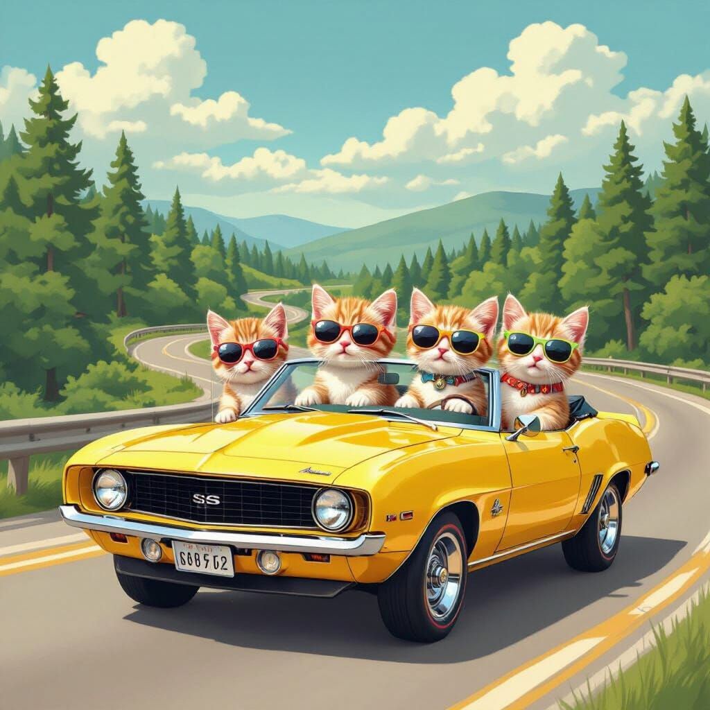 Kittens Drive a Classic Car on Scenic Highway