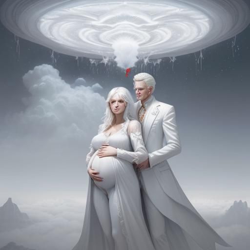 Pregnant Woman with Rose in Dreamlike Cloudscape