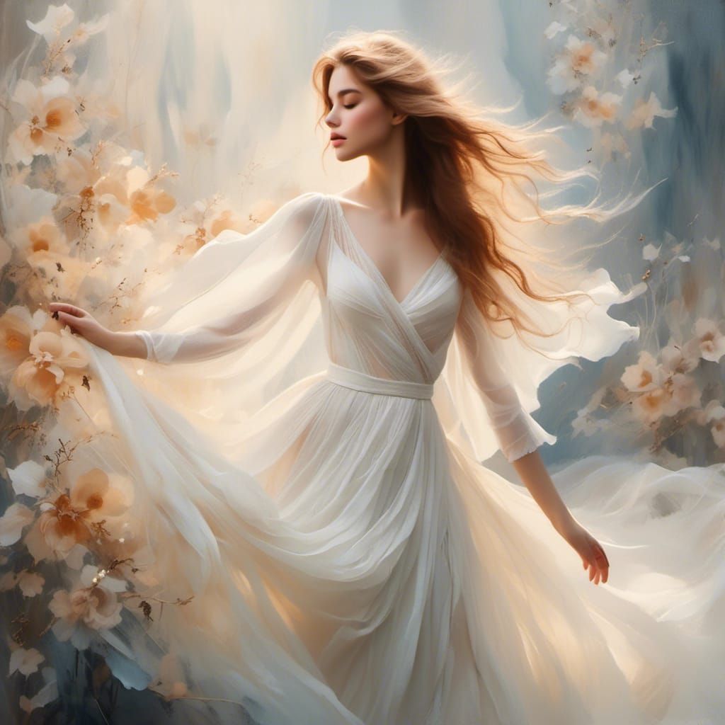 Ethereal Model in Mist: Delicate Watercolor Dreamscape