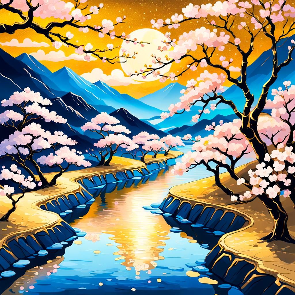 Surreal Japanese Landscape with Cherry Blossoms and Iridesce...