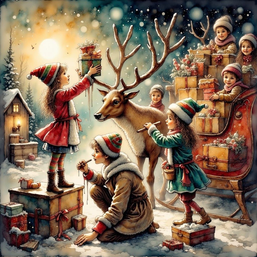 Jovial Elves Prepare Reindeers for Midnight Flight