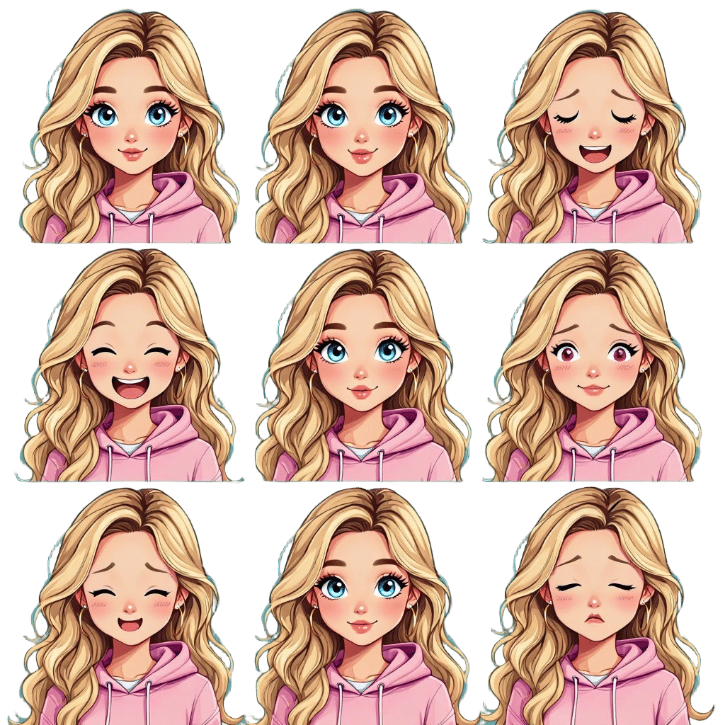 Expressive Cartoon Emotes of a Blonde Girl in Anime Style