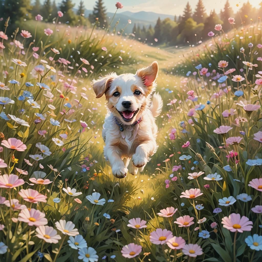 Pastel Puppy Runs Through Flower Meadow, Watercolor Style