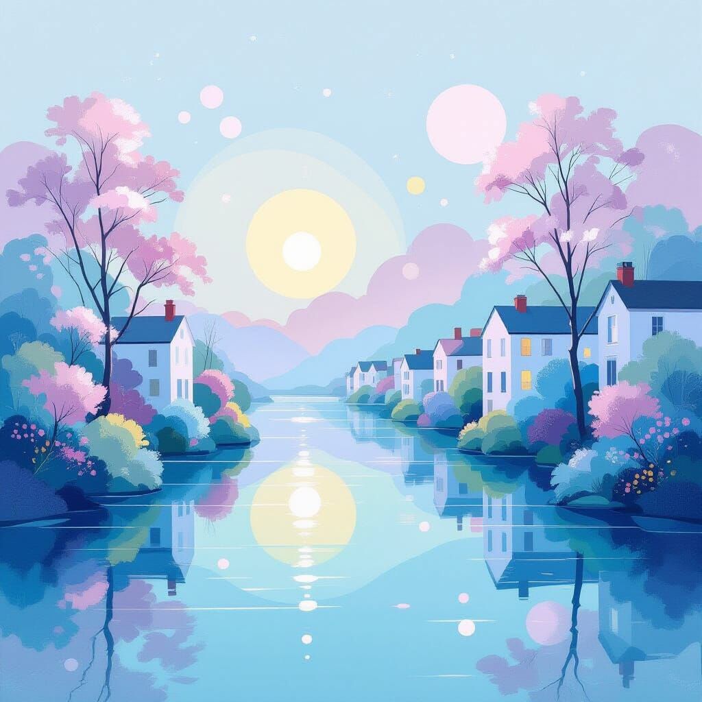 Ethereal Minimalist Town Painting with Pastel Gradients