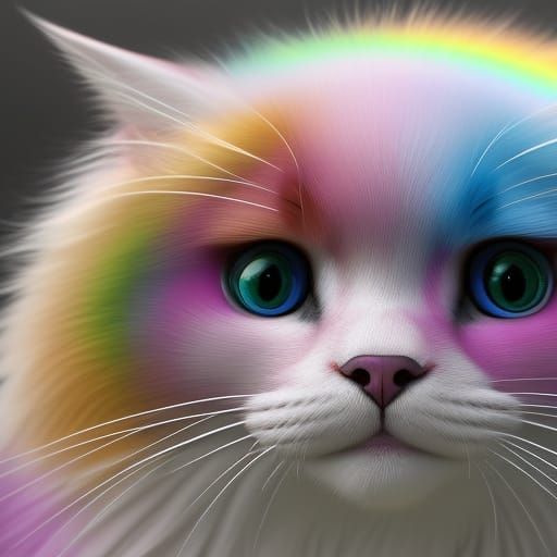 Pastel Pink Cat with Rainbow Whiskers in Digital Art