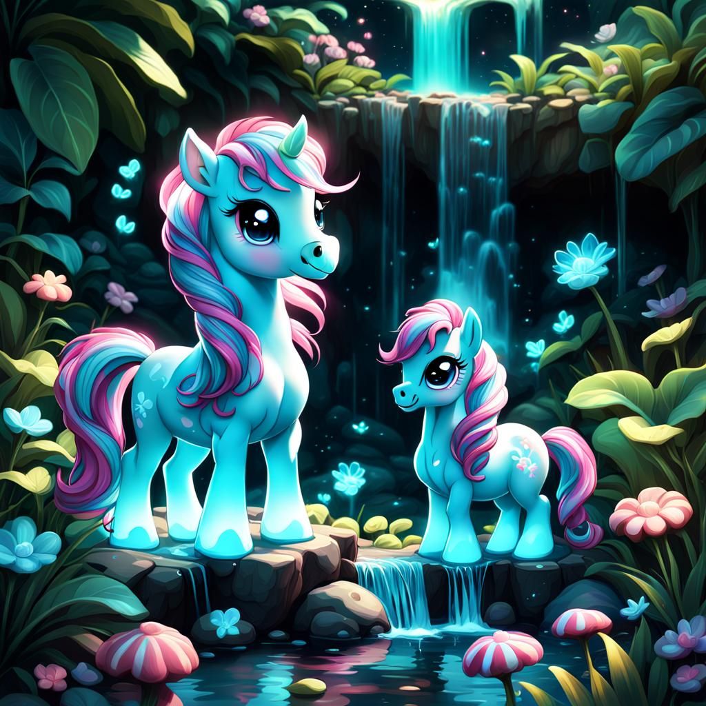 Bioluminescent Chibi Pony with Waterfall in Candy Art Style