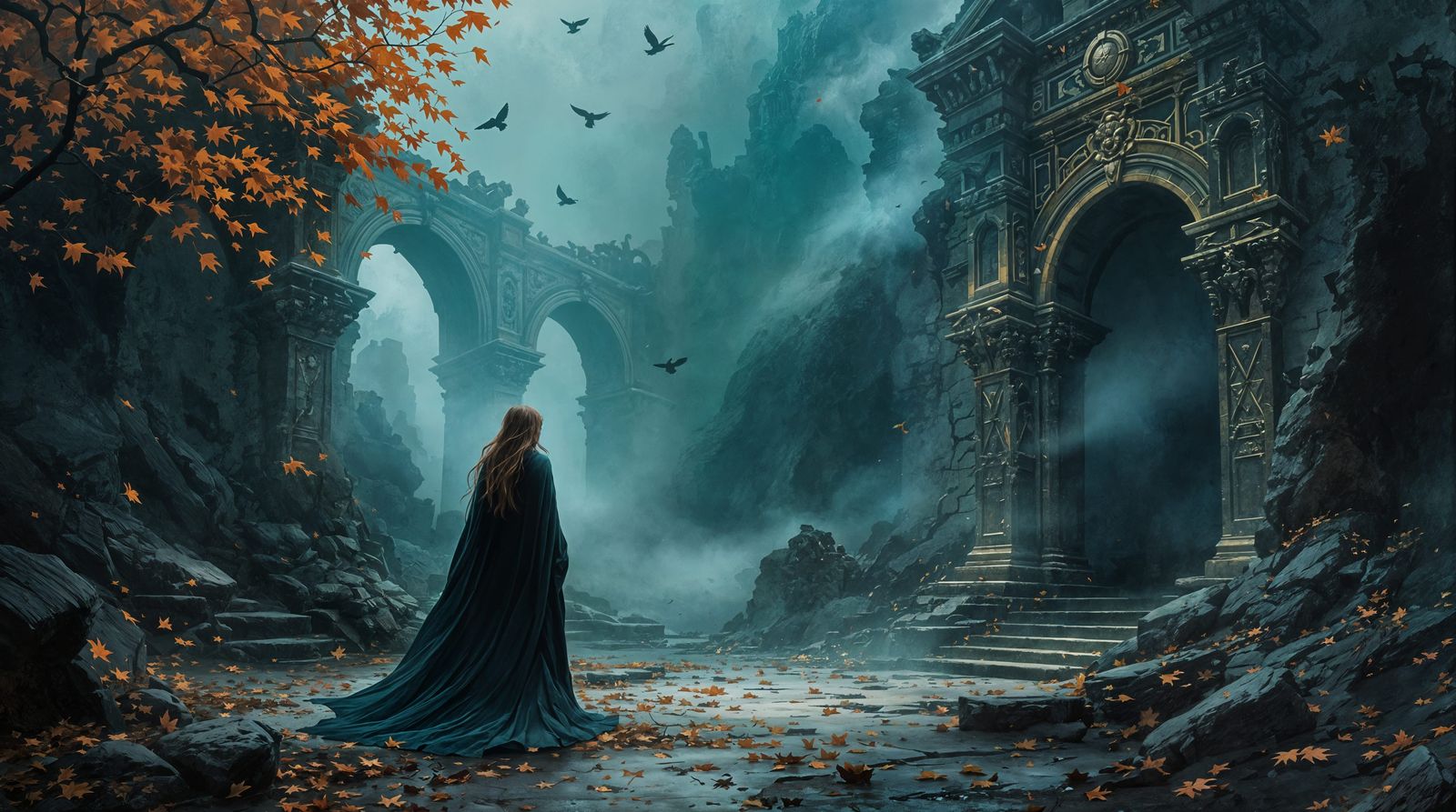 Mysterious Figure Amidst Decaying Ruins in a Moody Teal Land...