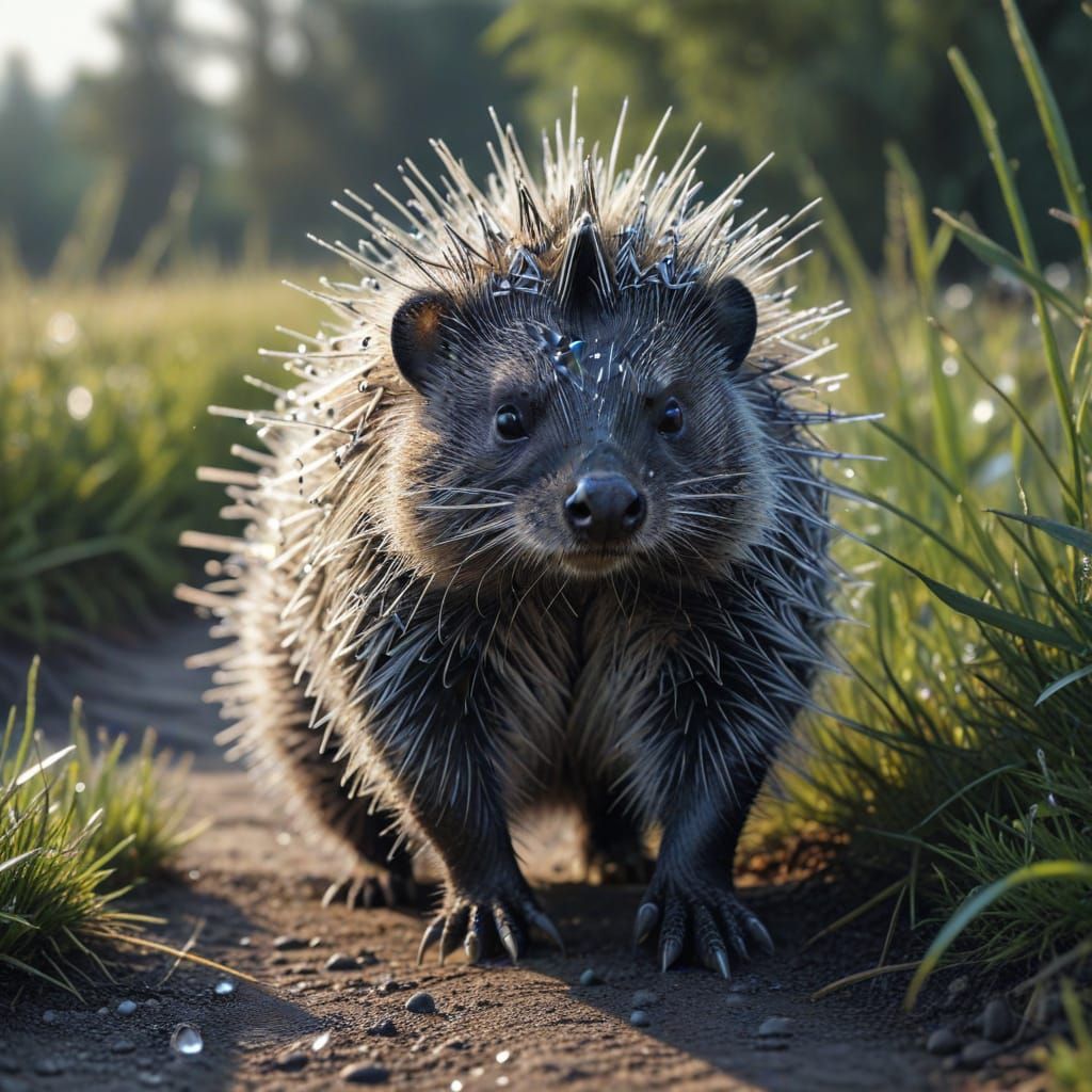 Detailed Charcoal Drawing of a Porcupine with Dewdrops