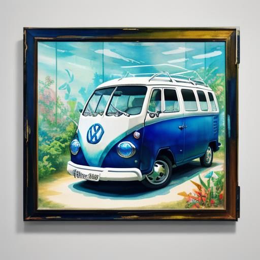 Volkswagen Beetle with Aquarium, Gouache Watercolor Style