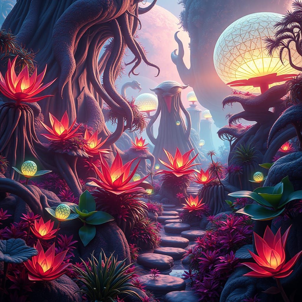 A scene of a lush alien garden filled with vibrant plants em...