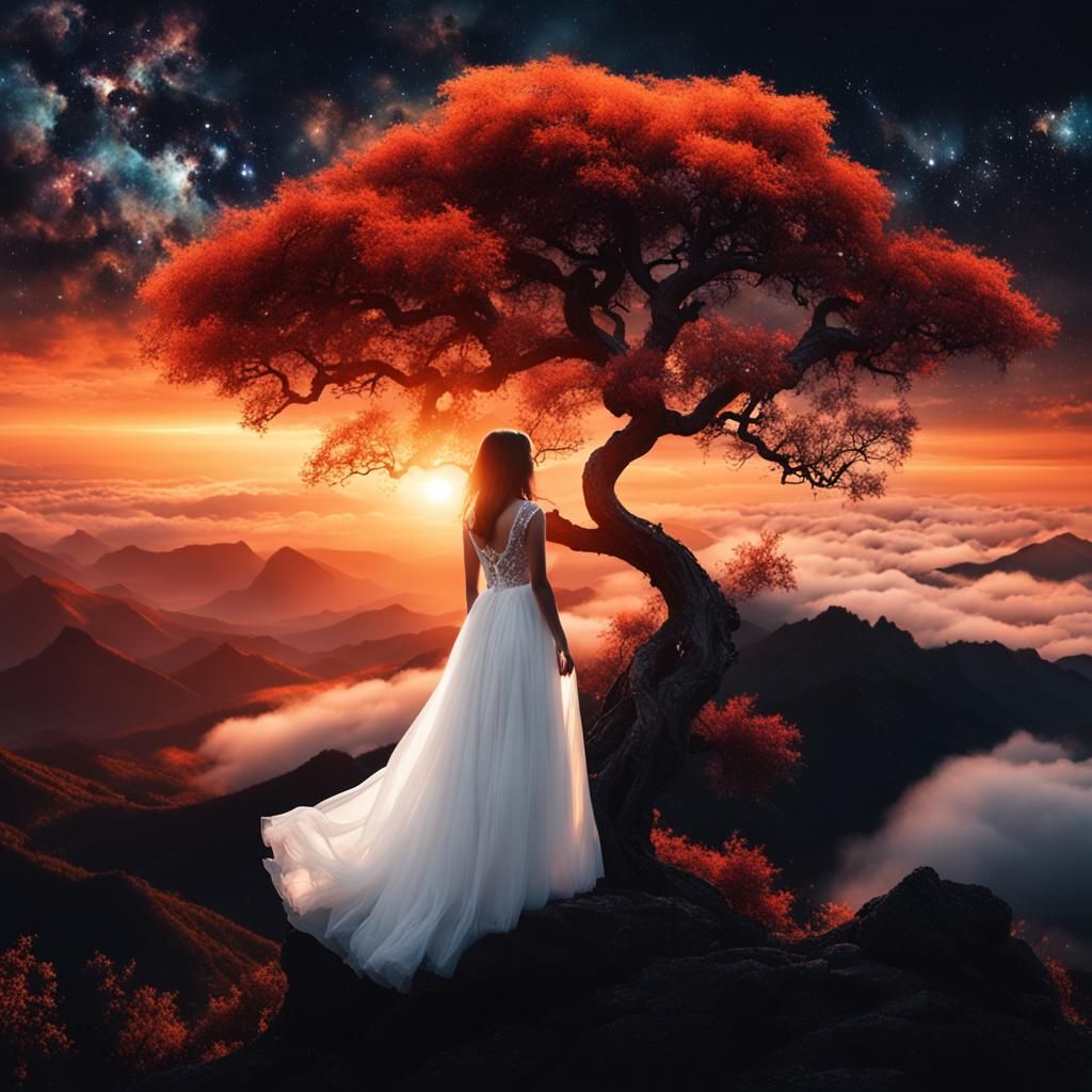 Fiery Tree with Girl in White Dress at Sunset