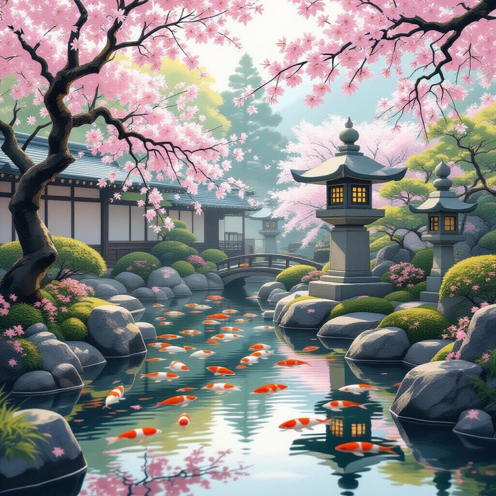 Serene Japanese Zen Garden with Koi Pond and Cherry Blossoms