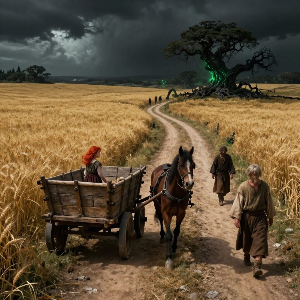 Dark Fantasy Wheat Field Journey with Red-Haired Girl