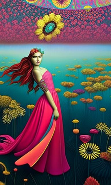 Celestial Women with Birds and Flowers in Magic Realism