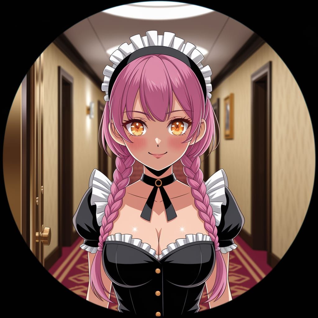 Fisheye Door Peephole View of Anime-Inspired Maid in Hotel H...