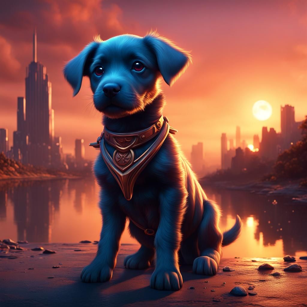 Puppy at Sunset: Detailed Fantasy Concept Art