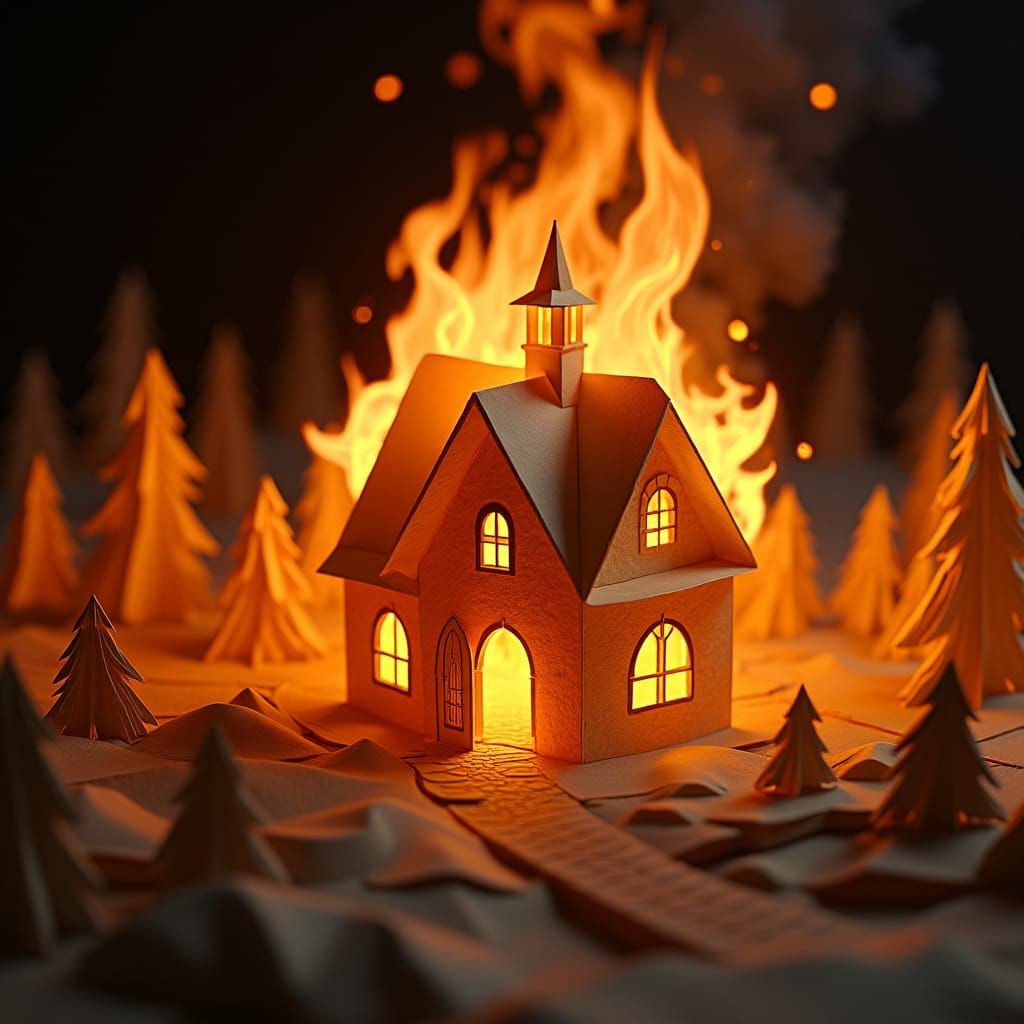 Paper House Engulfed in Flames: Origami Art