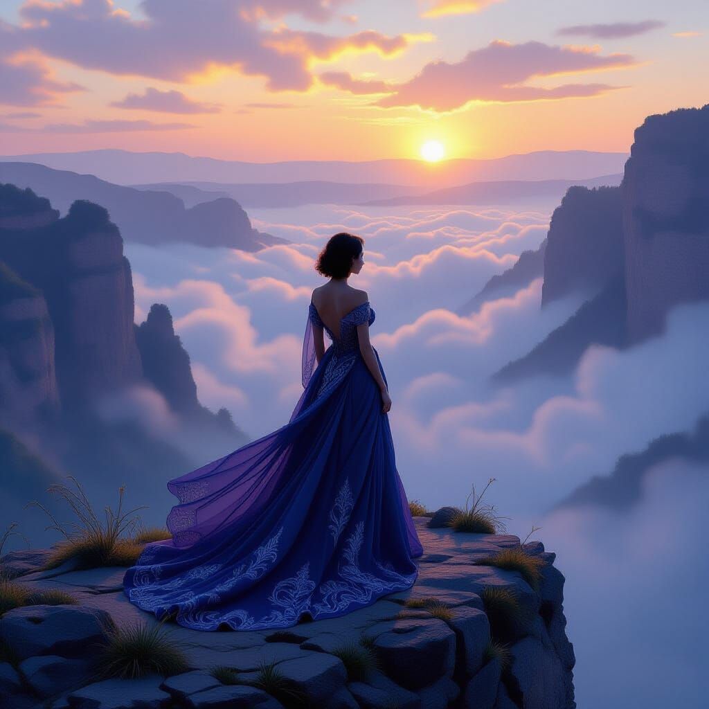Ethereal Woman Overlooking Misty Valley in Fantasy Style