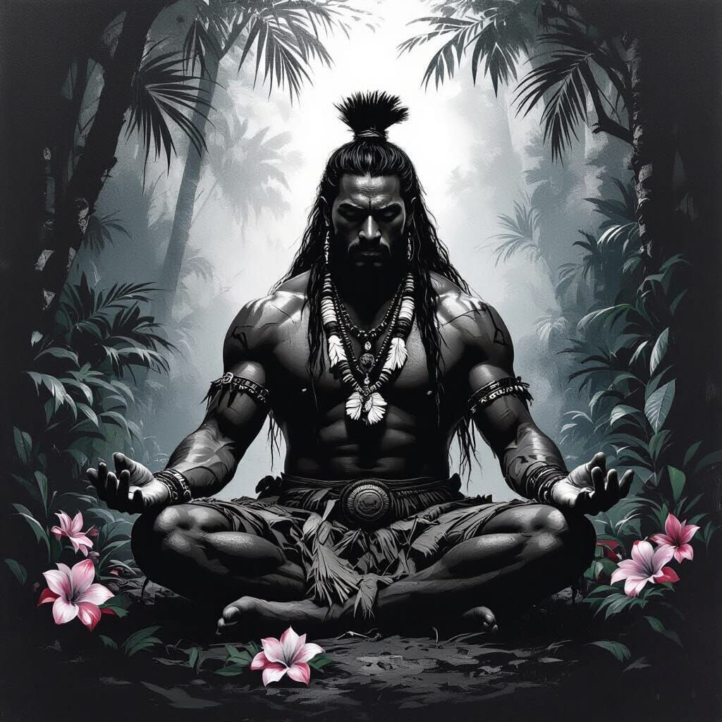 Polynesian Warrior Meditating: High-Contrast Black and White