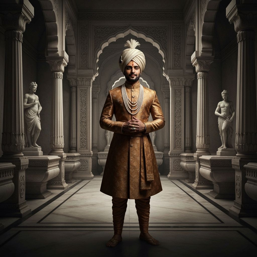 Statuesque Indian Man in Opulent Bathhouse, Chiaroscuro Styl...