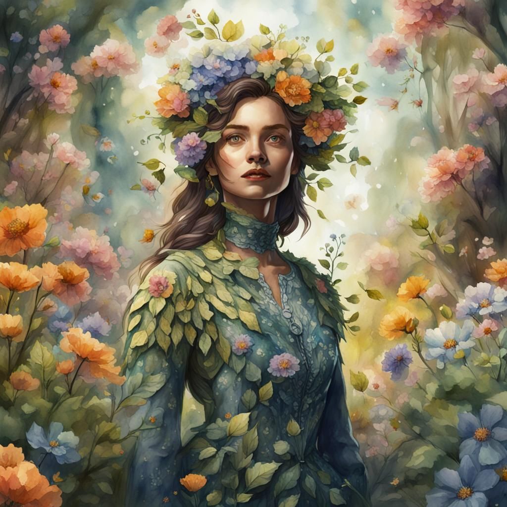 Woman Dressed in Spring Flowers: Watercolour Art