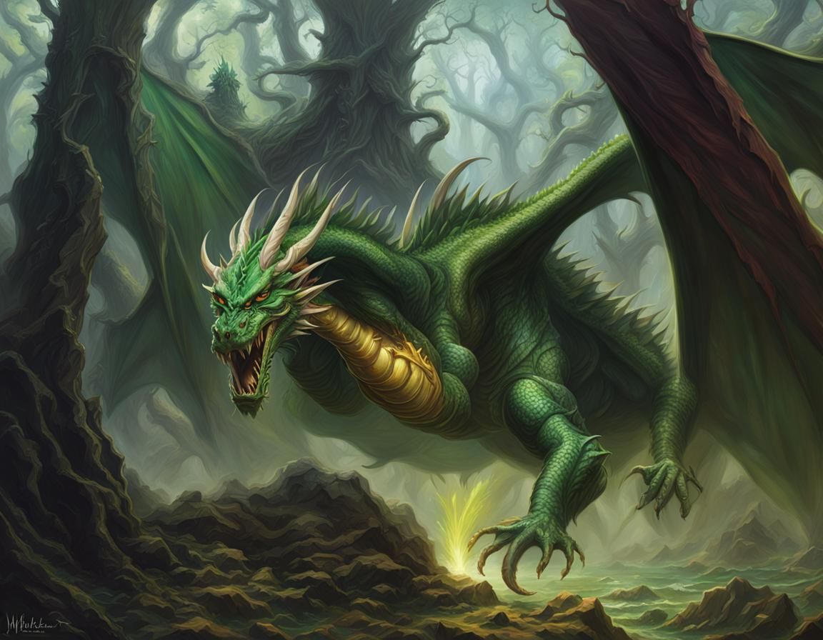 Green Dragon Spewing Poison Breath: Hyperrealistic Fantasy A...