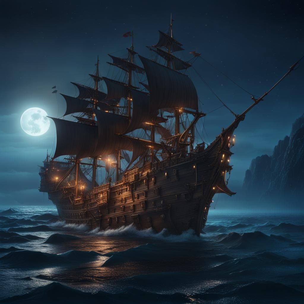 Wooden Ship Sails on Ocean at Night
