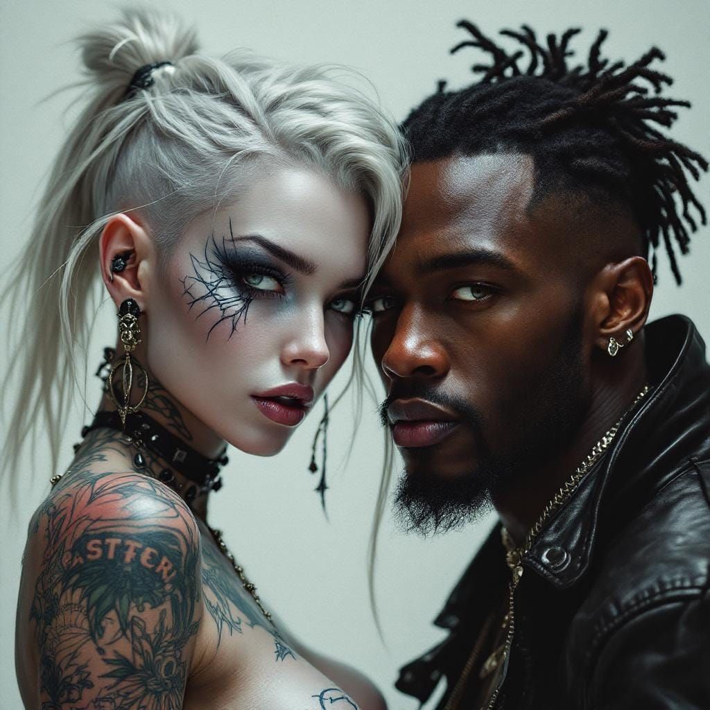Silver Skinned Woman and Tattooed Man, Hyperrealistic Style