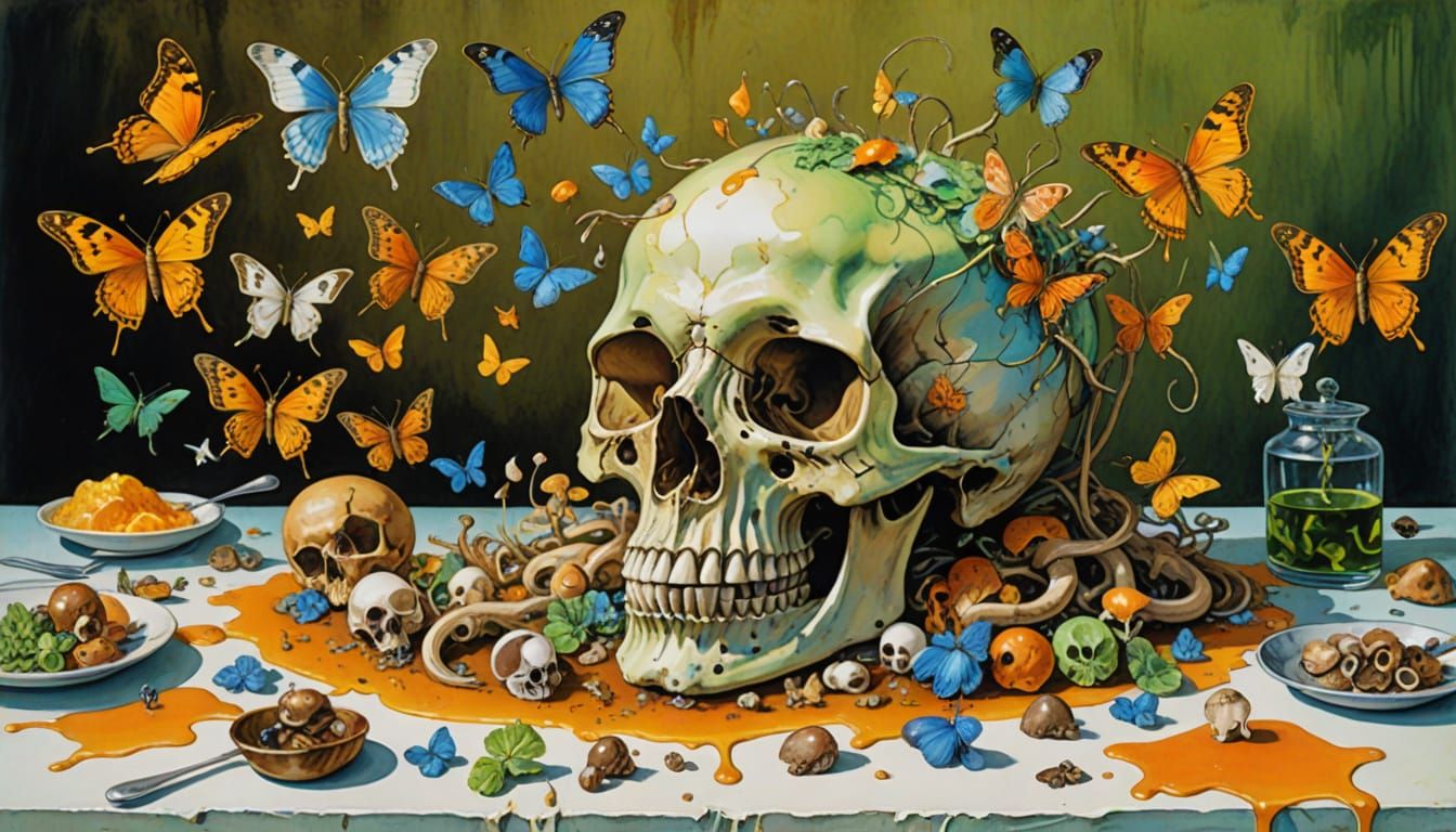 Melting Skull Still Life with Insects and Mushrooms