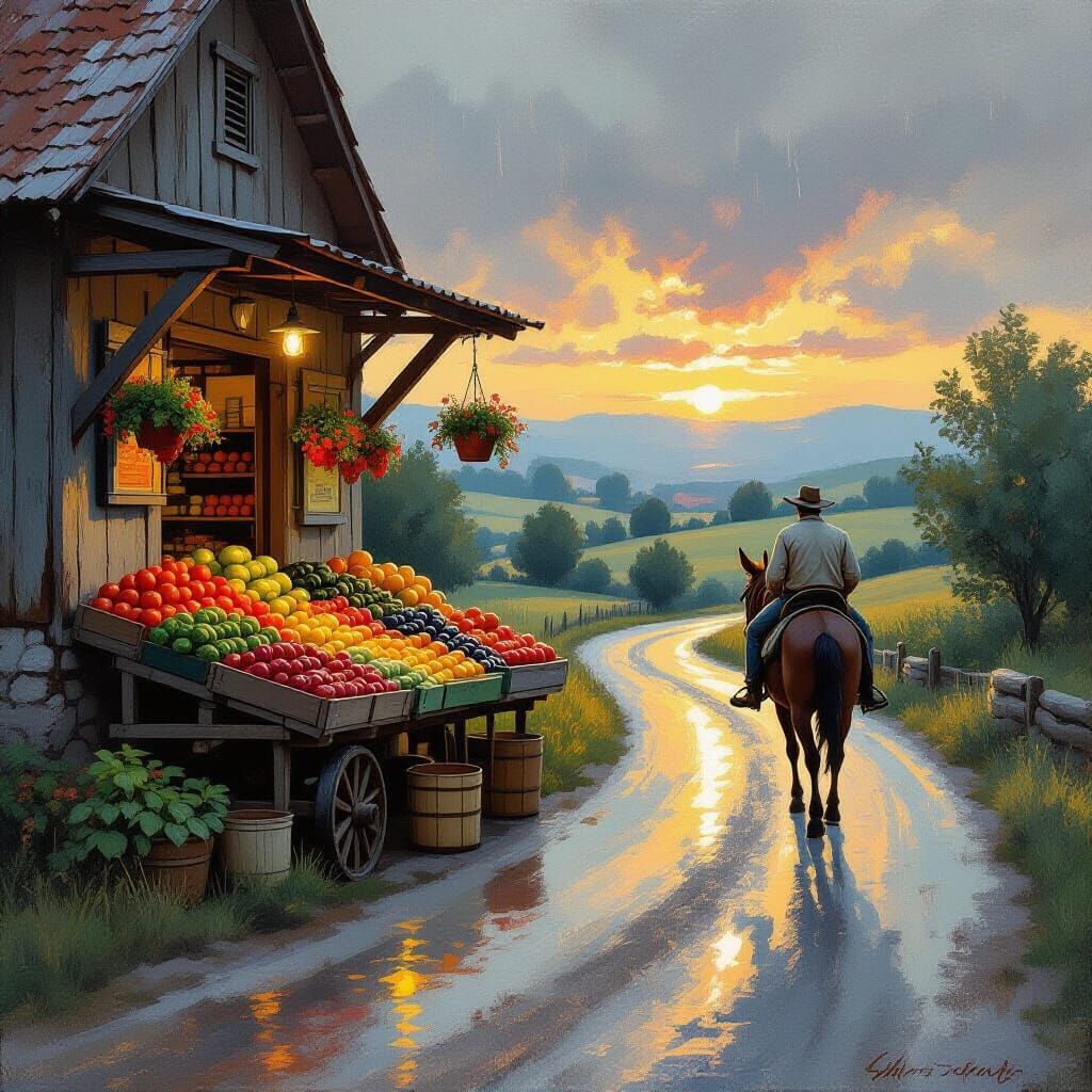 Rustic Fruit Stand on Rainy Summer Evening