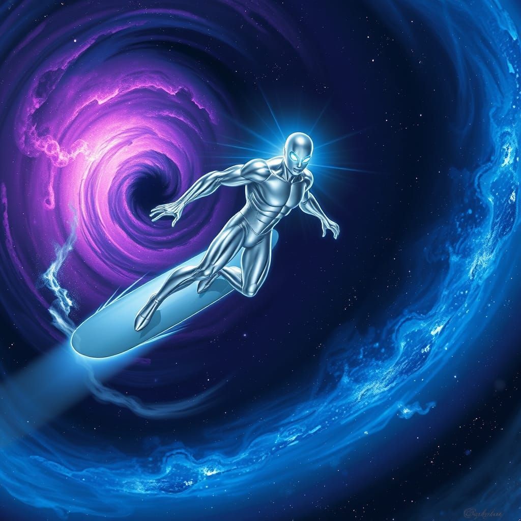 Silver Space Surfer in Cosmic Vortex