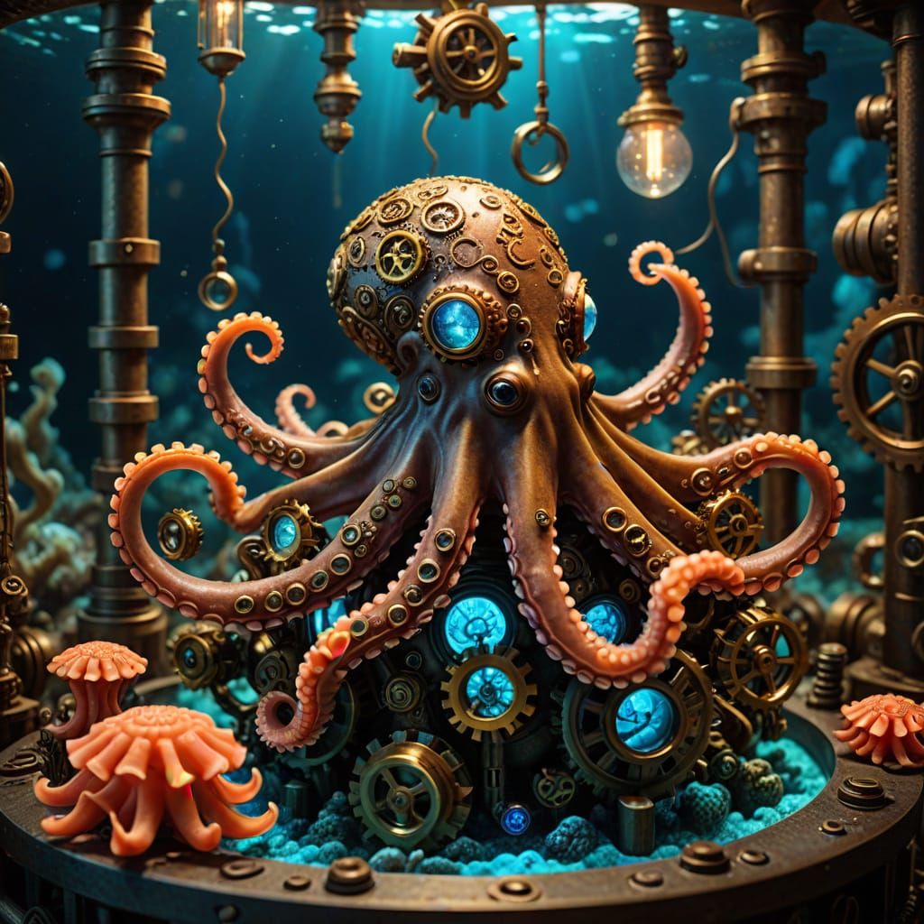 Steampunk Octopus in Underwater Lab: Macro Photography
