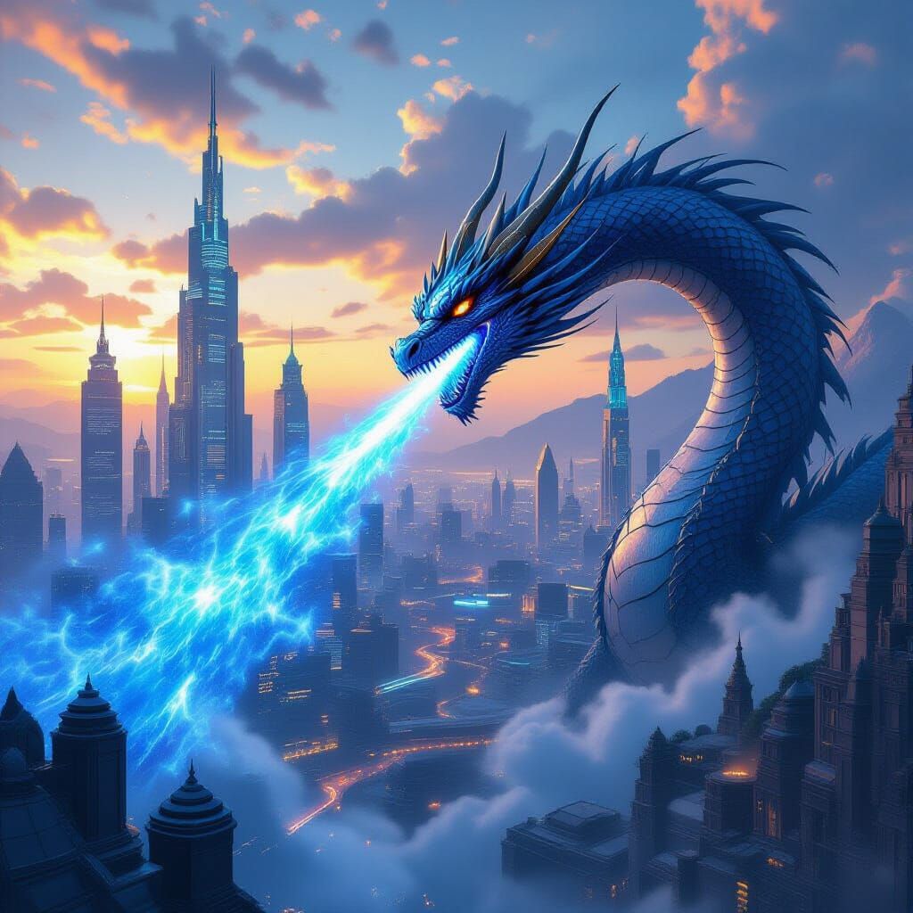 Dragon Breathes Blue Fire on Futuristic City