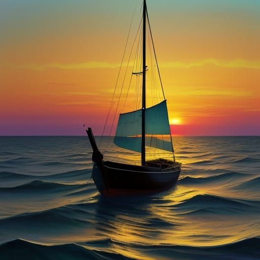 Solitary Boat on Calm Sea at Sunset