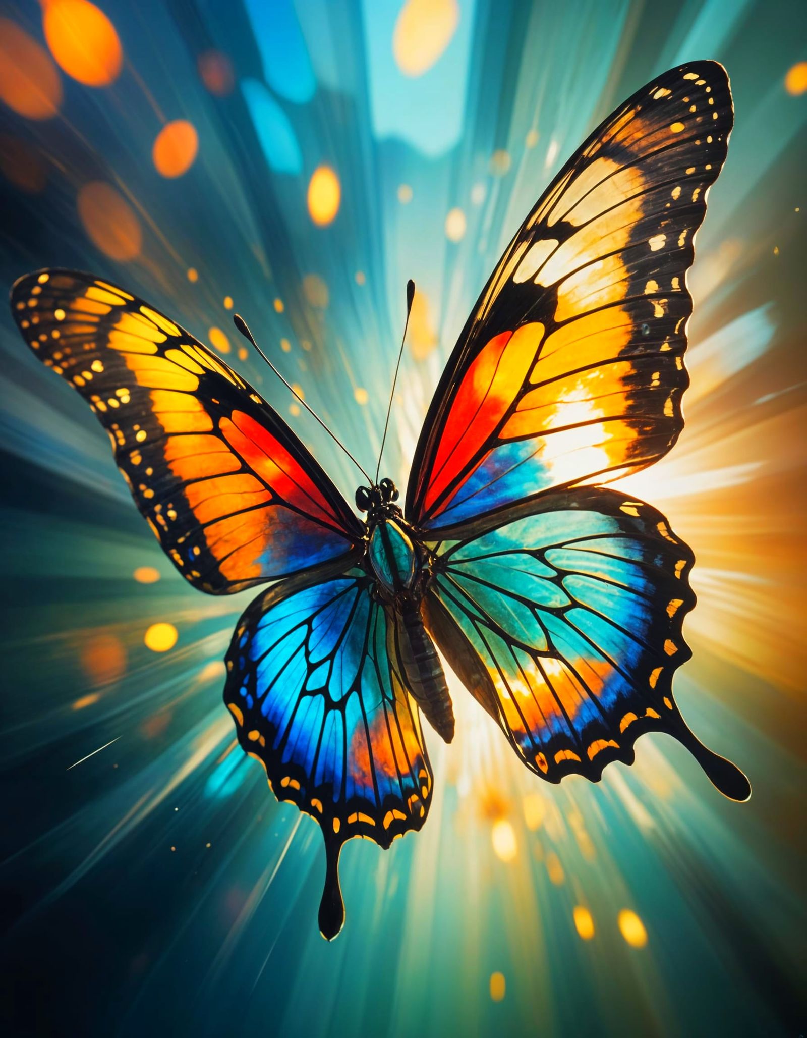 Vibrant Butterfly Soars in the Sky with Stained Glass Wings