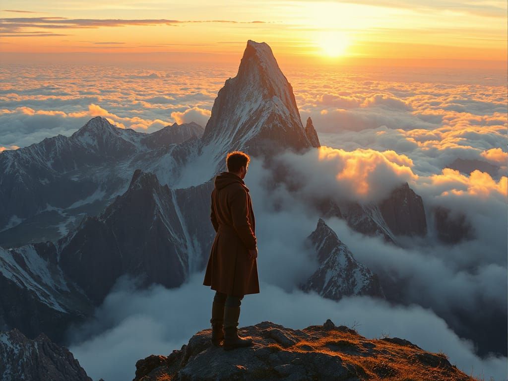 Lone Figure on Cathedral Mountain in Dreamy Landscape