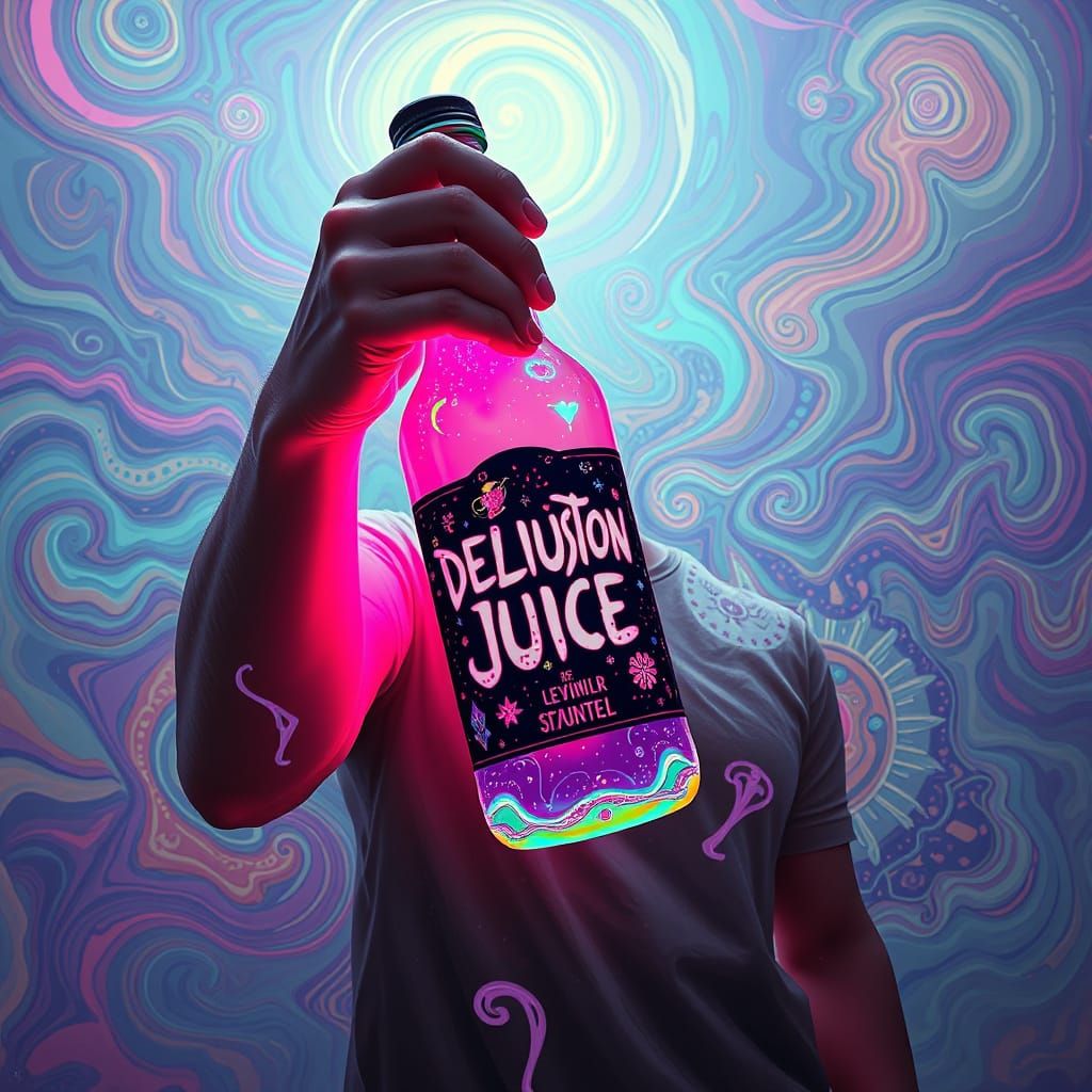 Surreal Dreamer Holds Glowing Bottle of Delusion