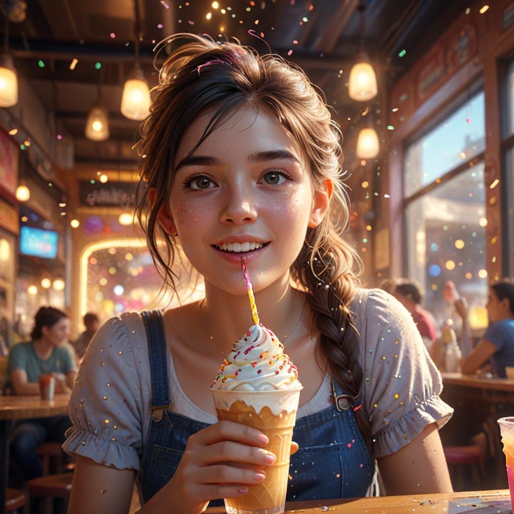 Girl Enjoys Ice Cream Soda in Vibrant Cafe