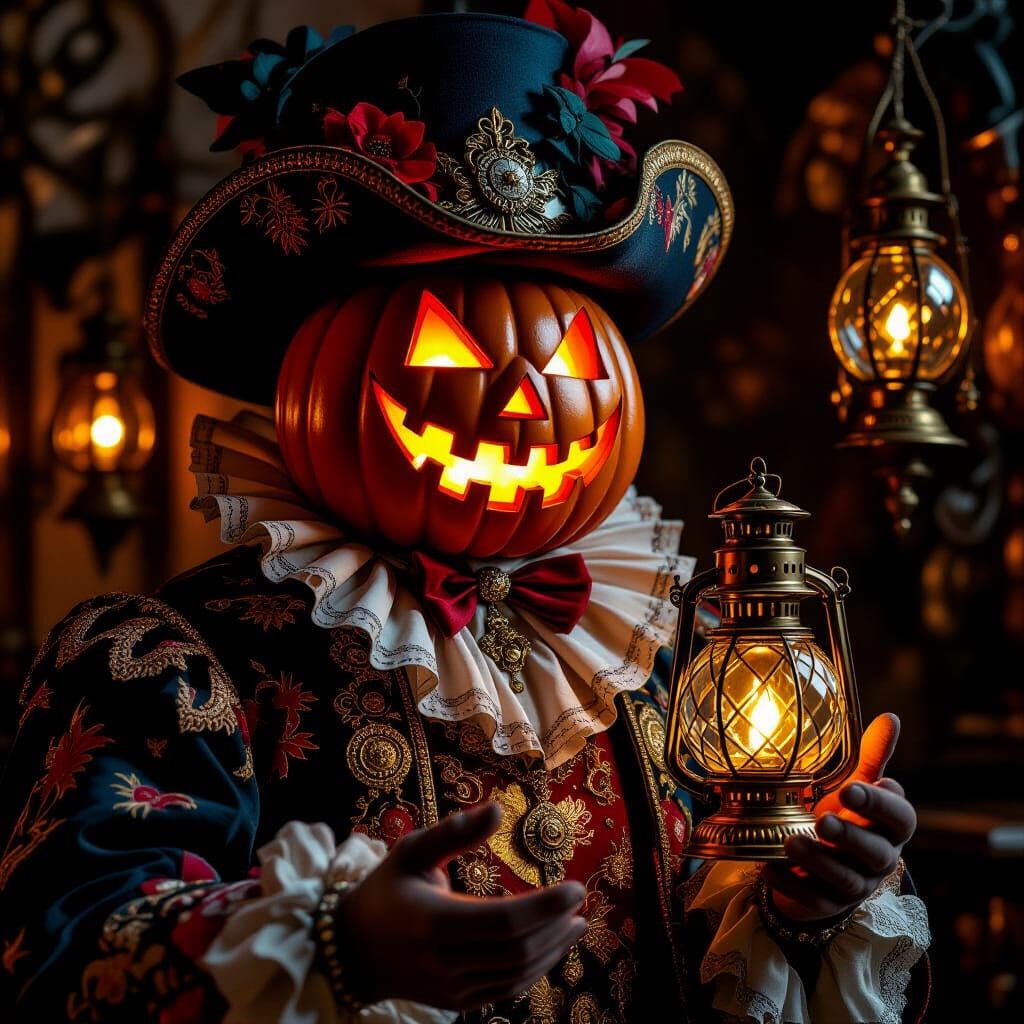 Baroque Man Selling Ornate Jack-o-Lantern Lanterns