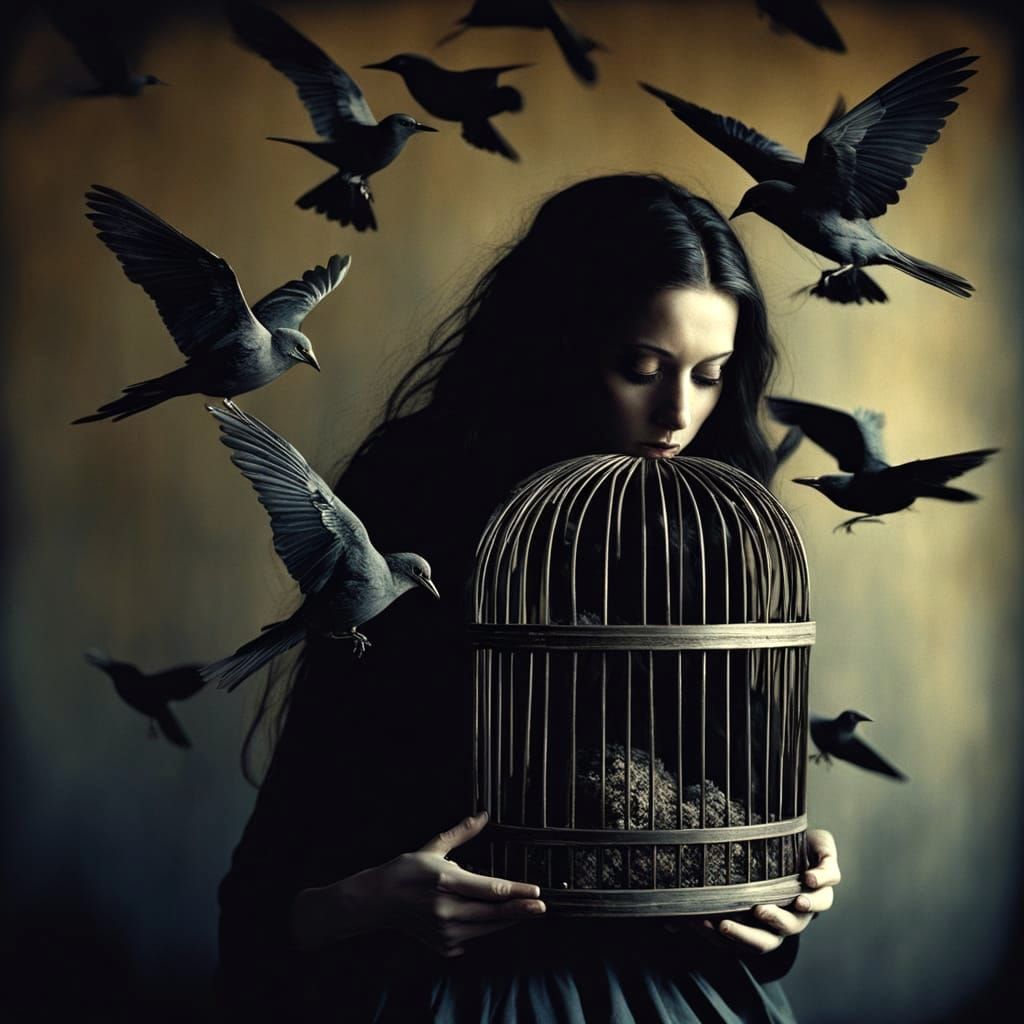 Surreal Girl Trapped in Macabre Birdcage