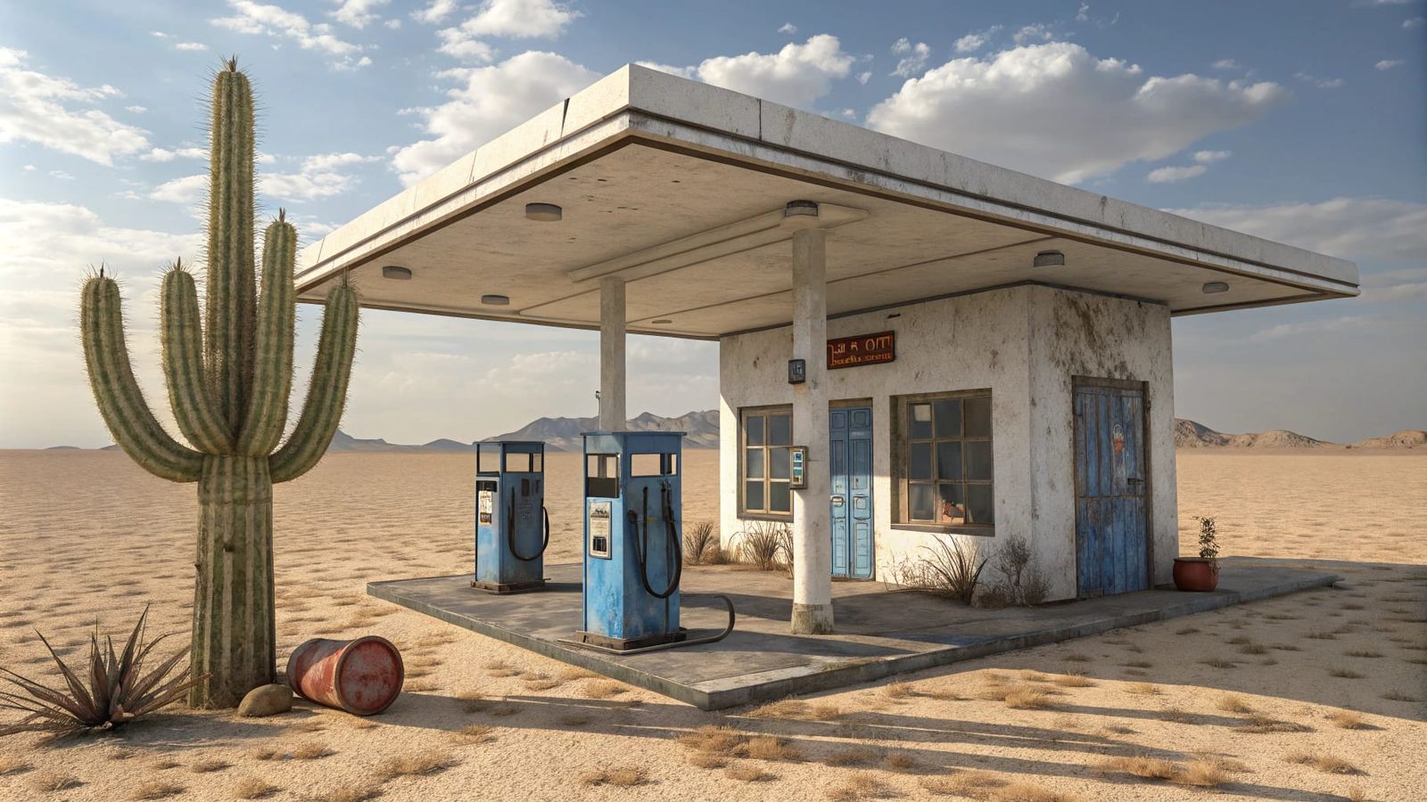 Deserted Gas Station in Barren Landscape Photo