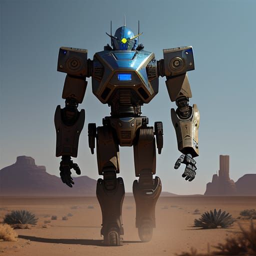 Robot Exploring Desert Wasteland in Digital Painting Style