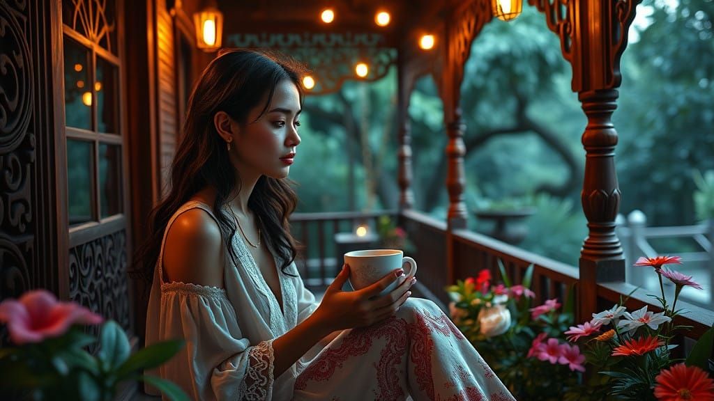Ethereal Woman in Whimsical Veranda Scene