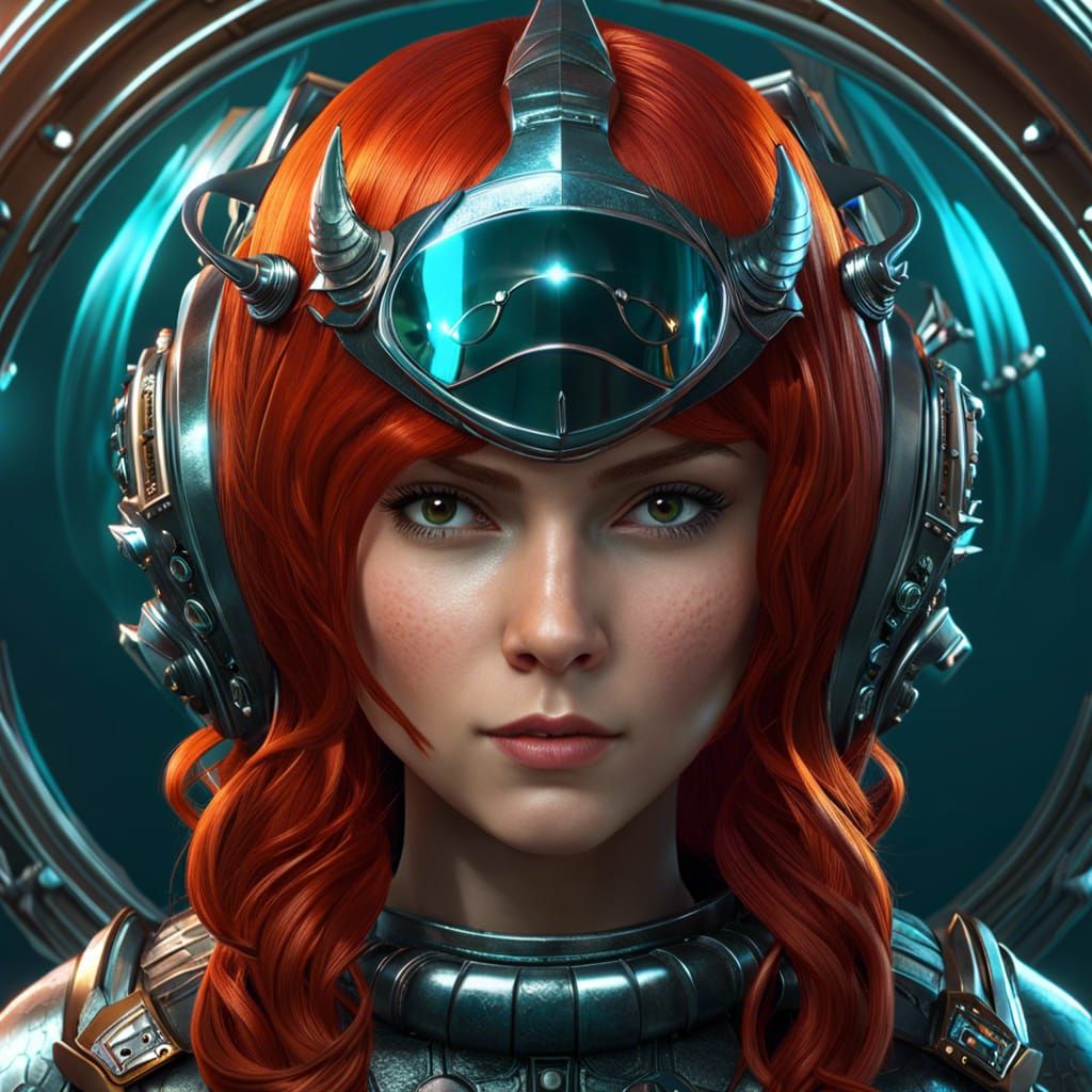 Redhead Girl in Bio Helmet, Comic Book Art