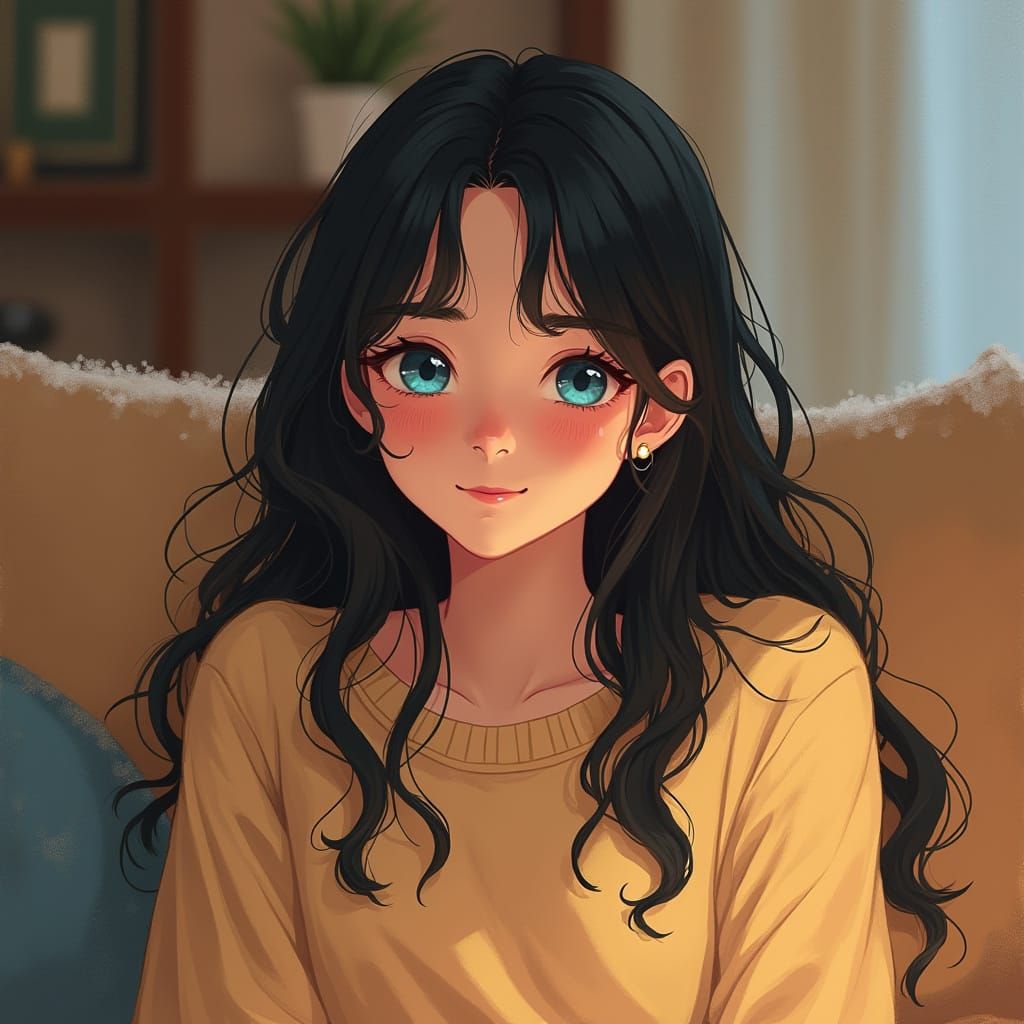 Smiling Woman in Cozy Room, Art Nouveau Style