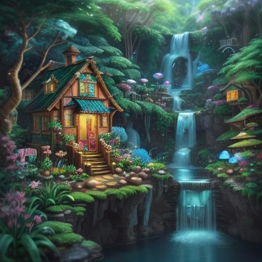 Magical Waterfall Garden with Cute Gnome Homes in Candy Art