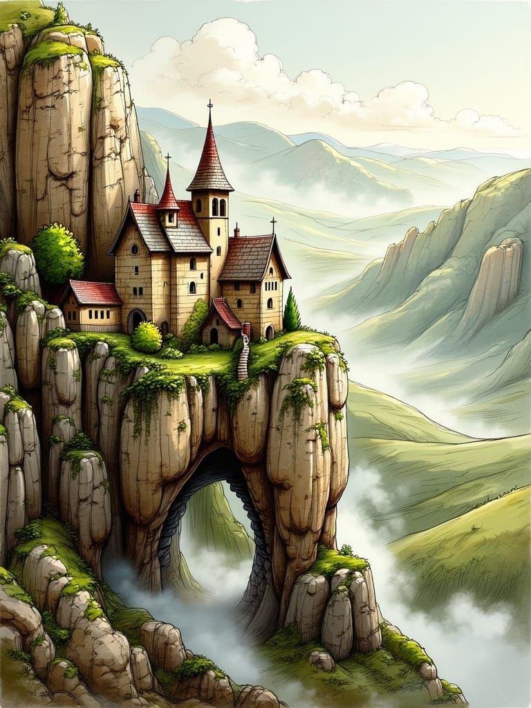 Village on a Lush Cliffside in Whimsical Style